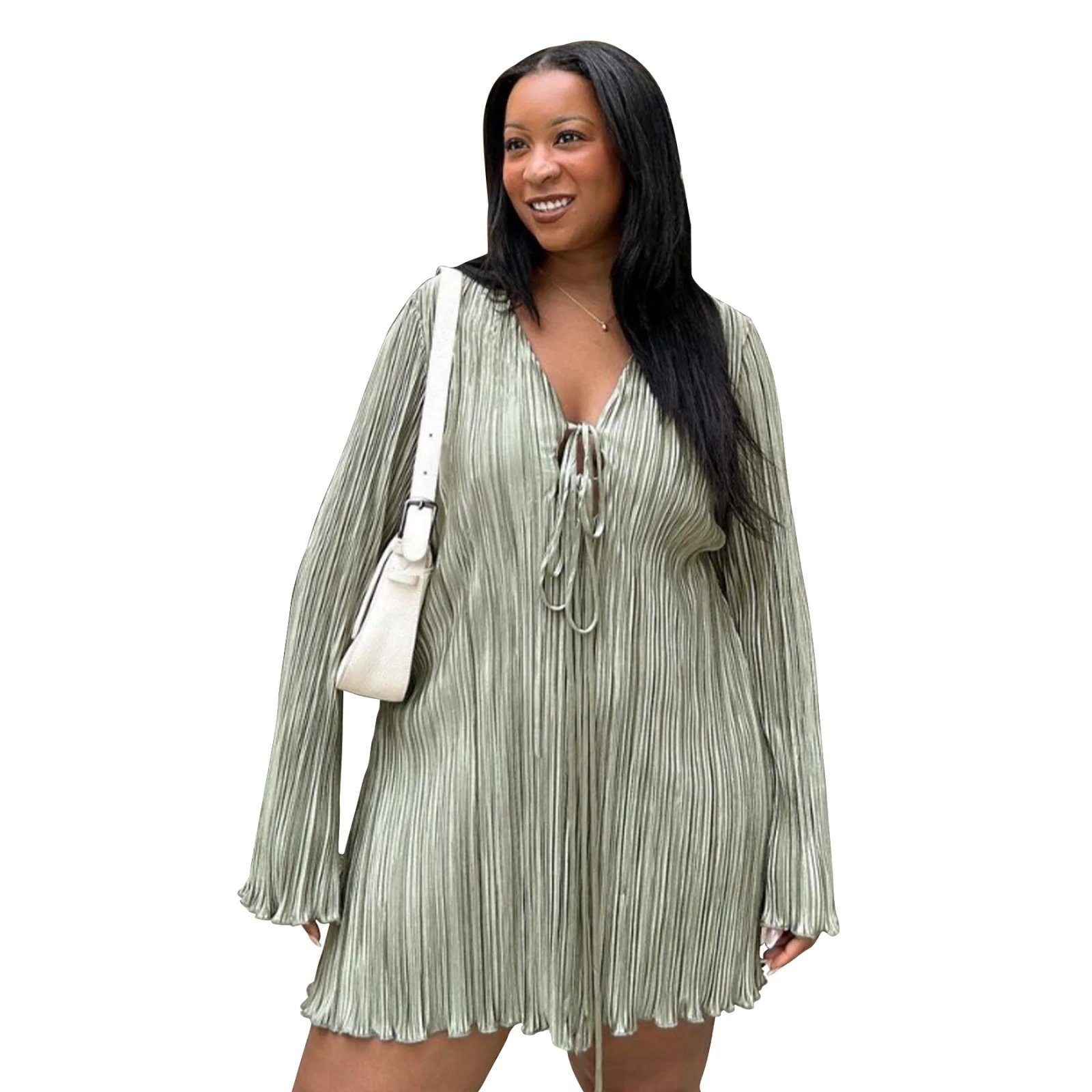 Long Sleeve Women V-neck Pleated Dress Long Sleeve Women V-neck Pleated Dress