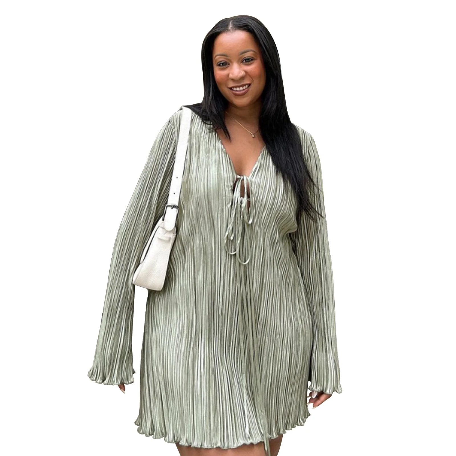 Long Sleeve Women V-neck Pleated Dress Long Sleeve Women V-neck Pleated Dress