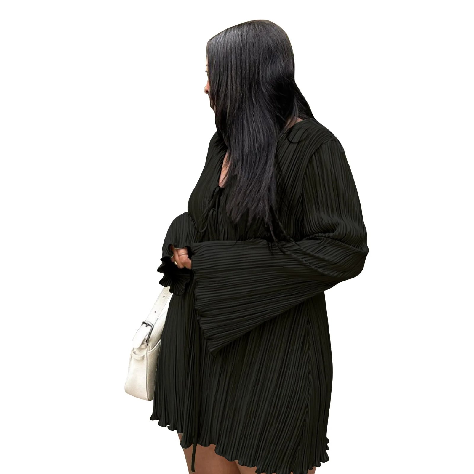 Long Sleeve Women V-neck Pleated Dress Long Sleeve Women V-neck Pleated Dress