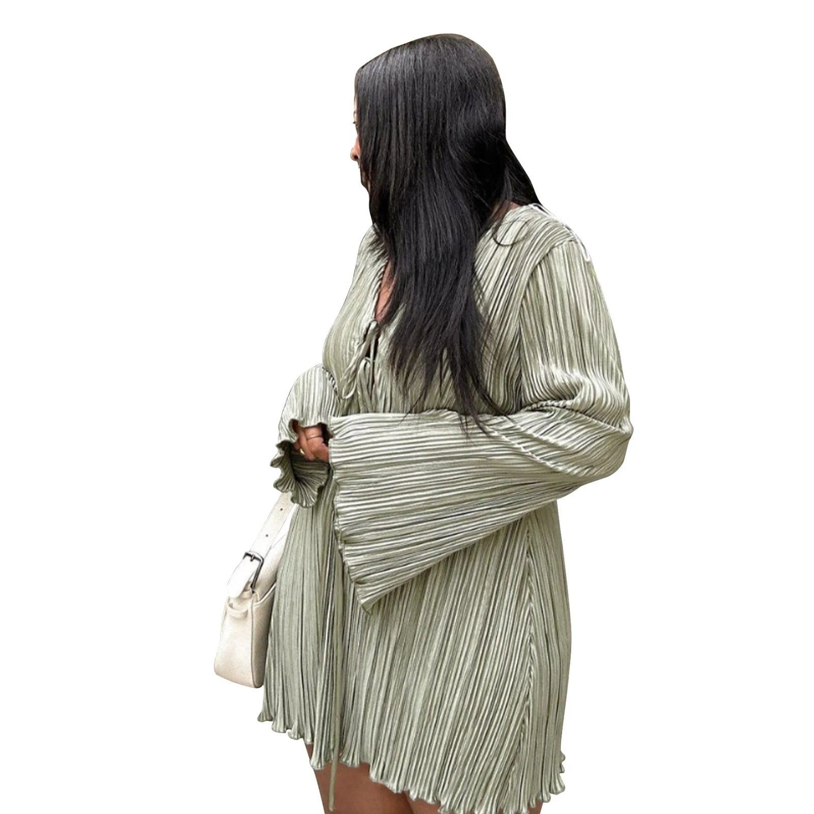 Long Sleeve Women V-neck Pleated Dress Long Sleeve Women V-neck Pleated Dress