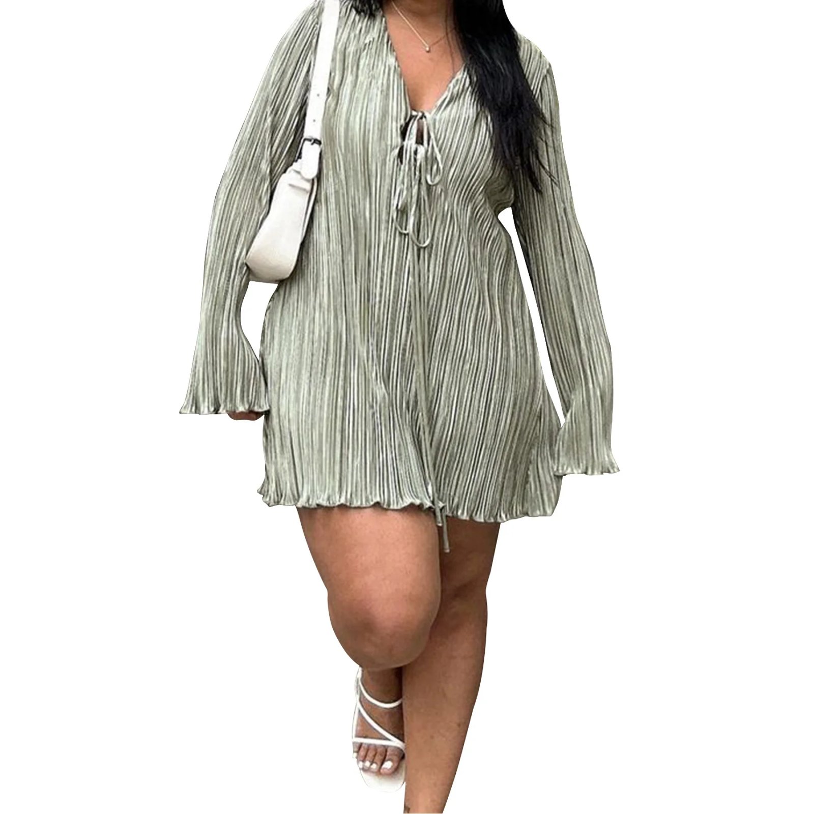Long Sleeve Women V-neck Pleated Dress Long Sleeve Women V-neck Pleated Dress