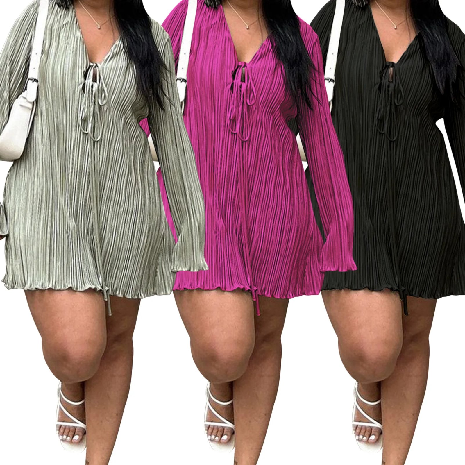 Long Sleeve Women V-neck Pleated Dress Long Sleeve Women V-neck Pleated Dress