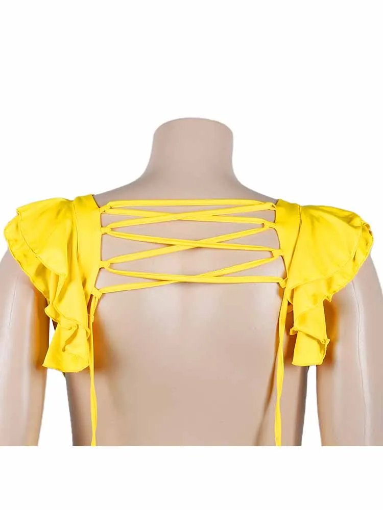 Women Sexy Backless Yellow Maxi Dress