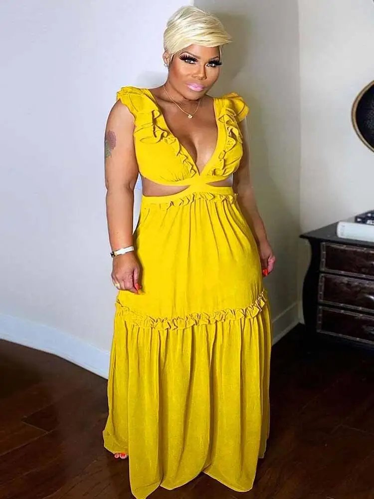 Women Sexy Backless Yellow Maxi Dress