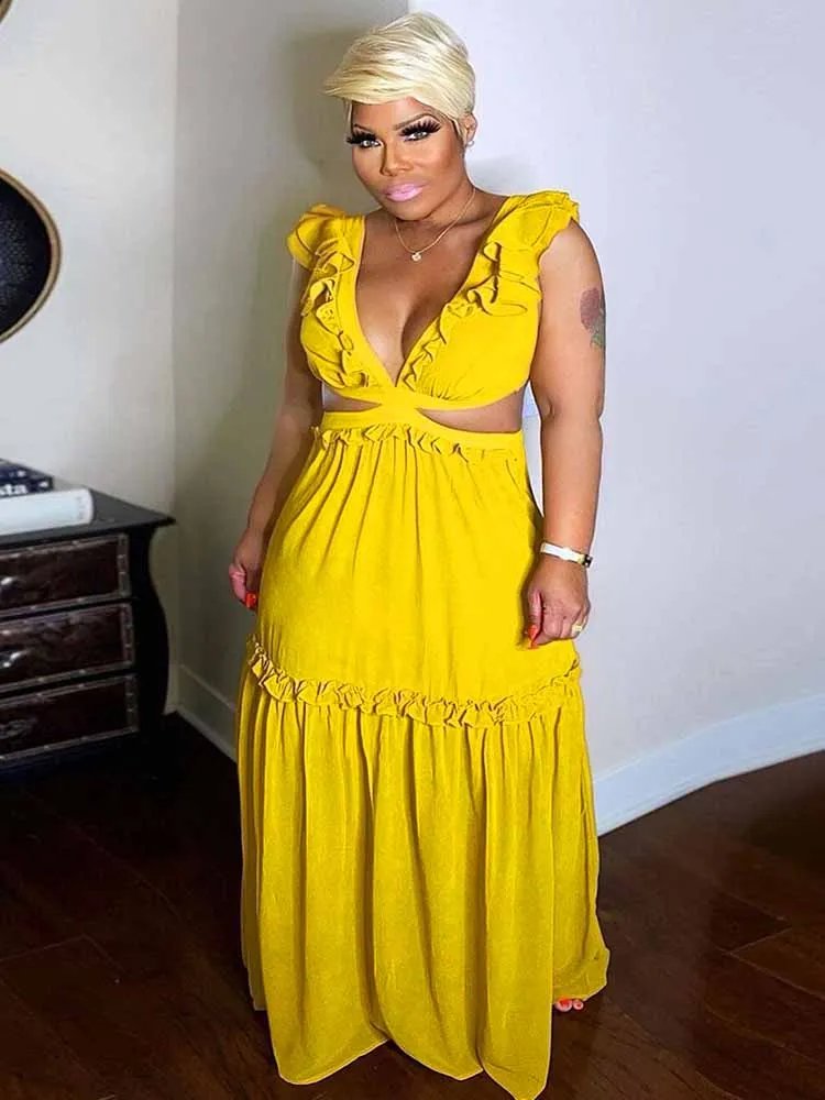 Women Sexy Backless Yellow Maxi Dress