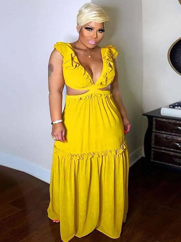 Women Sexy Backless Yellow Maxi Dress