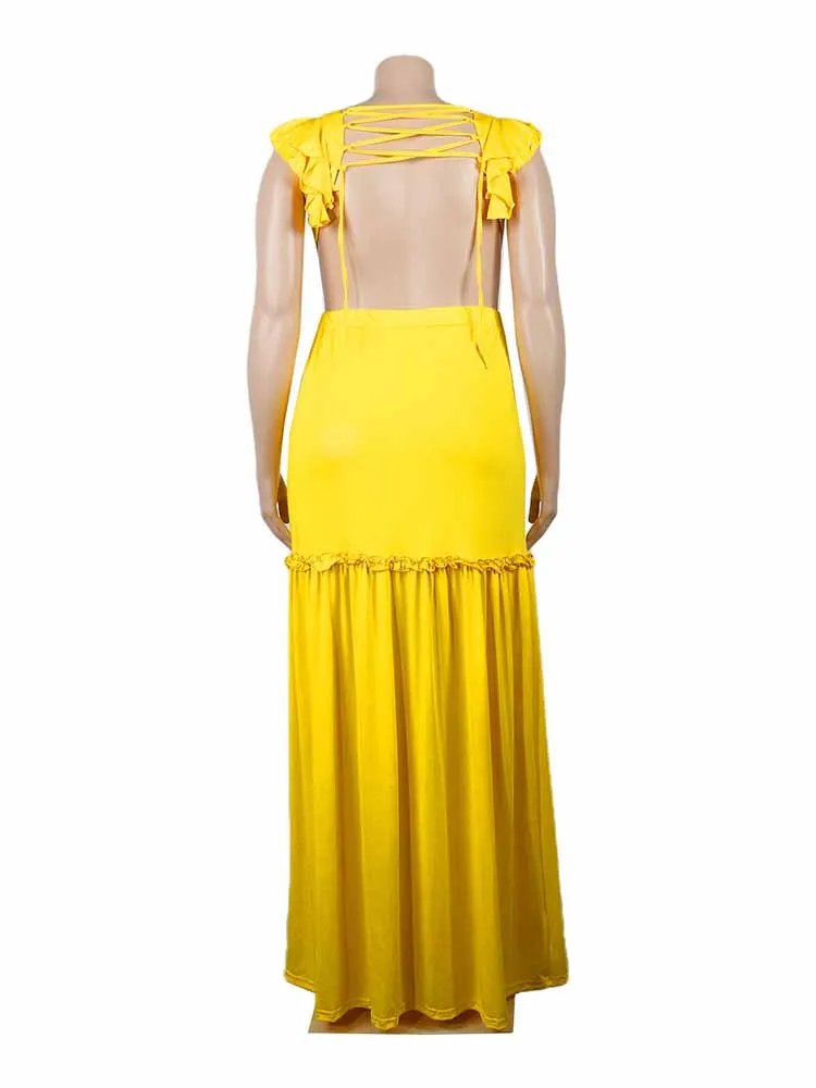 Women Sexy Backless Yellow Maxi Dress