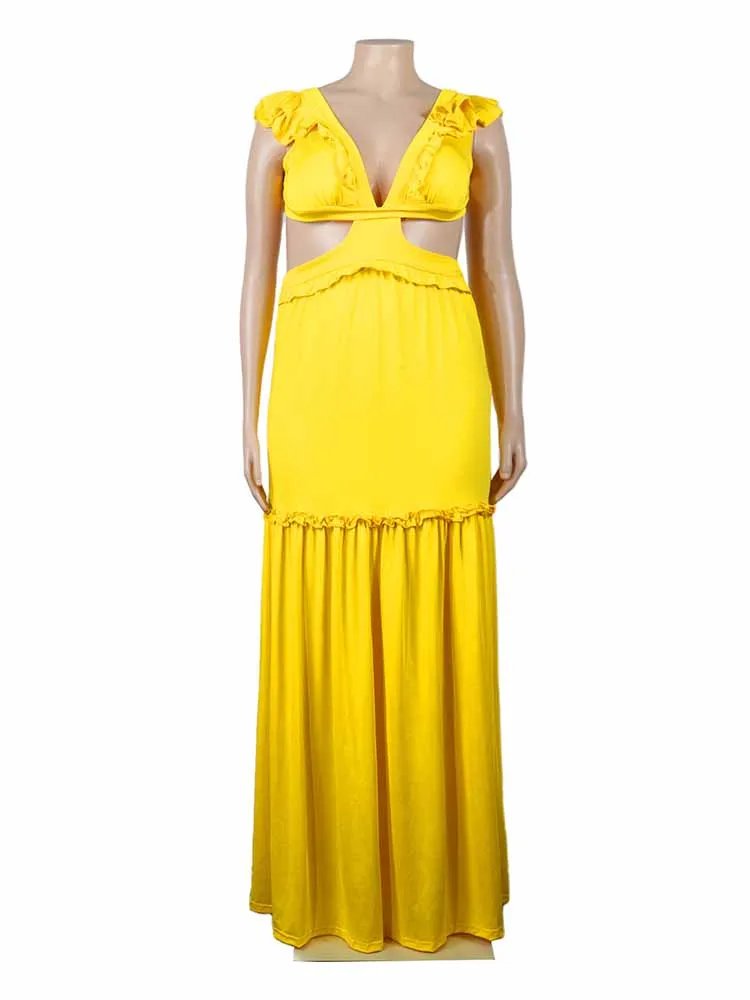 Women Sexy Backless Yellow Maxi Dress