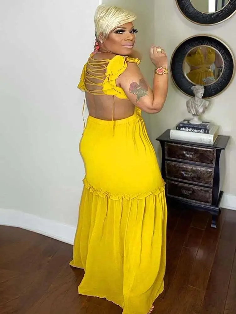Women Sexy Backless Yellow Maxi Dress