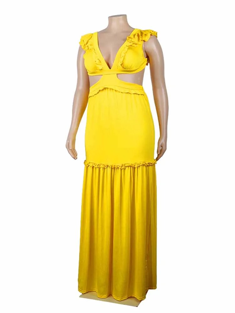 Women Sexy Backless Yellow Maxi Dress