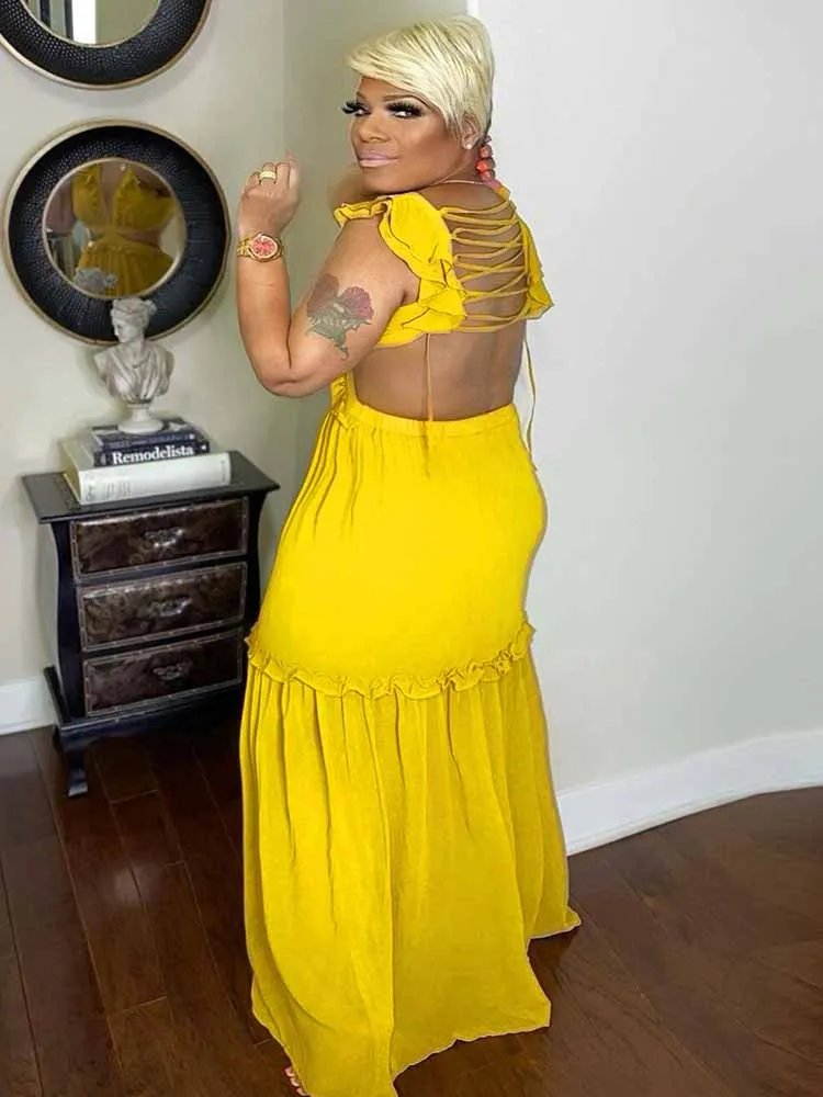 Women Sexy Backless Yellow Maxi Dress